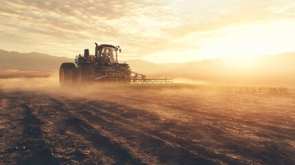 Fototapeta premium An ultra detailed, photorealistic scene of a large seeding machine operating in a foggy valley at first light