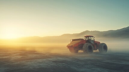 Fototapeta premium An ultra detailed, photorealistic scene of a modern seeding machine operating in a foggy field at sunrise