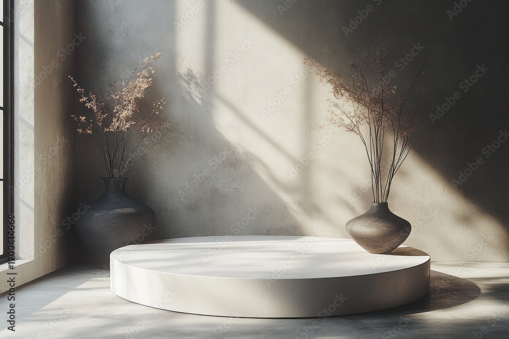 Poster minimalist studio scene with round white pedestal on soft gray background for product display