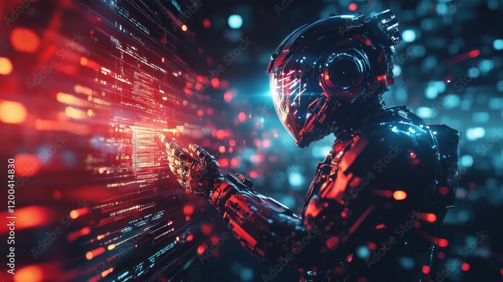 Poster cyberpunk cyborg interacting with digital data stream