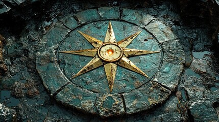 Fototapeta premium Ancient Compass of the Lost City: A Mystical Golden Star Embedded in Weathered Stone