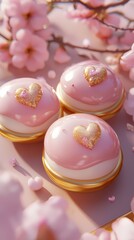 Three delightful pink donuts adorned with shimmering gold hearts, perfect for celebrating love on Valentine's Day. Sweet treats for sweet moments!