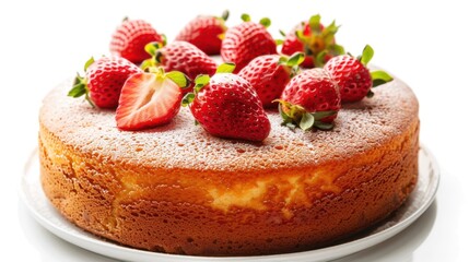 Golden sponge cake topped with whole strawberries, dusted with powdered sugar on white