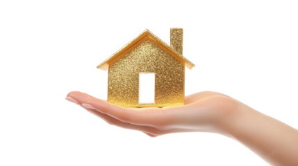 a hand holds a glittering golden house model. symbolizing wealth and home ownership themes of real estate. investment. and prosperity against a clean white background