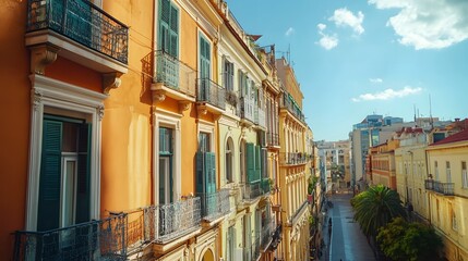 Fototapeta premium Sunny Mediterranean street, colorful buildings, balconies, cityscape view, travel tourism photo