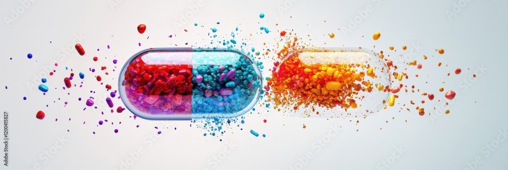 Aufkleber colorful particles flow from a split capsule highlighting vibrant elements of health and wellness. g