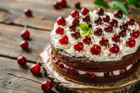 Black Forest cake with whipped cream and cherry topping