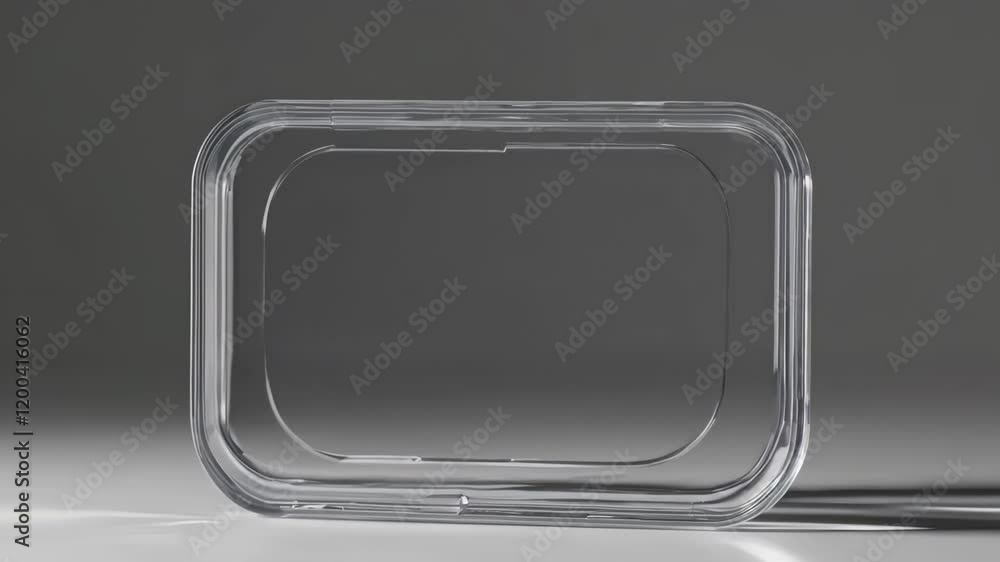 Aufkleber transparent rectangular acrylic container on a white surface with soft shadows and a neutral backgro