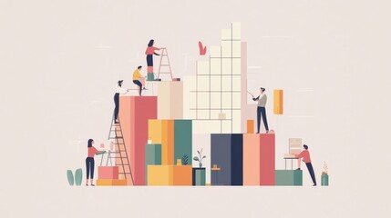 Flat design, 2D illustration of professionals working together to assemble a large growth chart