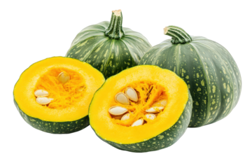 three whole green acorn squashes. one cut in half to reveal its bright yellow-orange flesh and seeds the squashes have a distinctive ribbed texture and a glossy skin. indicating freshness ideal for fo