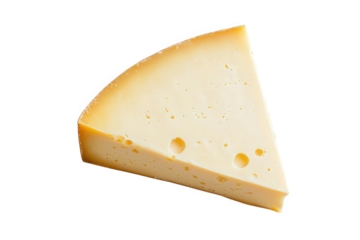 a wedge of cheese with a smooth texture and small holes. showcasing a pale yellow color the cheese's creamy appearance and is set against a plain white background. making it visually appealing for cul