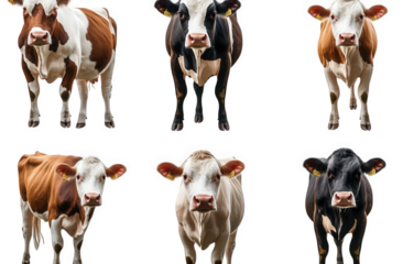 six cows in a grid layout. showcasing different color patterns and markings each cow stands facing the viewer against a plain white background. emphasizing their unique appearances and characteristics