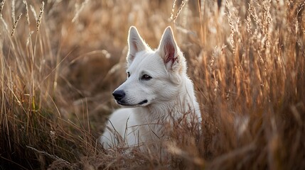 Fototapeta premium White dog resting in tall autumn grass, sunset light