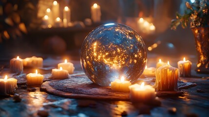 Crystal ball illuminated by candlelight on a rustic wooden surface.