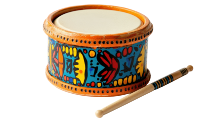 Colorful hand-painted drum and stick showcase traditional craftsmanship isolated on transparent background