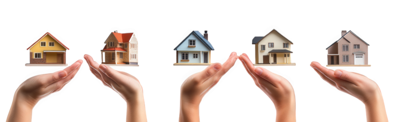 four different house illustrations being held in open hands. symbolizing care. support. or investment in housing the hands suggest a nurturing or protective gesture towards the homes. emphasizing the