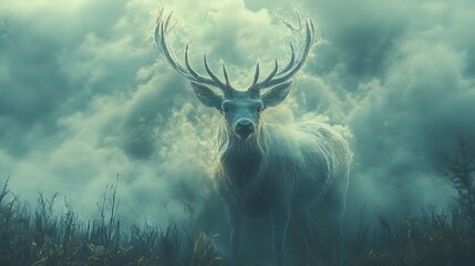 Majestic white deer in misty forest, magical atmosphere, fantasy art