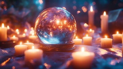 Crystal ball on stand surrounded by lit candles in a dark room.