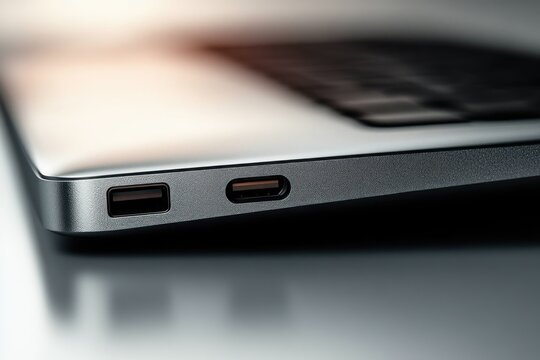 Sleek Laptop Close-Up High-Key Lighting Modern Design Metallic Textures Sharp Lines