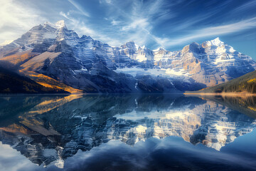 Glorious Sunrise over Snow-Capped Mountains Reflected in a Pristine Lake