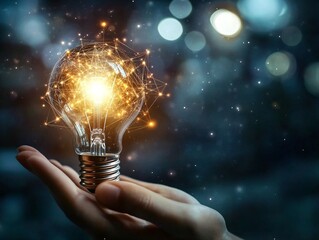 Glowing lightbulb held in hand with intricate golden light trails representing ideas innovation and creativity