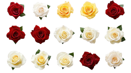 n arrangement of 16 roses in various colors. including red. white. and yellow. set against a clean white background the roses are symmetrically placed. showcasing their beauty and diversity. likely in