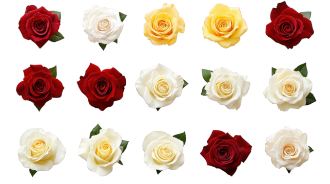 n arrangement of 16 roses in various colors. including red. white. and yellow. set against a clean white background the roses are symmetrically placed. showcasing their beauty and diversity. likely in