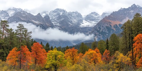 Autumnal forest, snow-capped mountains, misty valley.  Nature scene