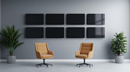 Modern Office Space with Two Chairs and Blank Wall Art Display