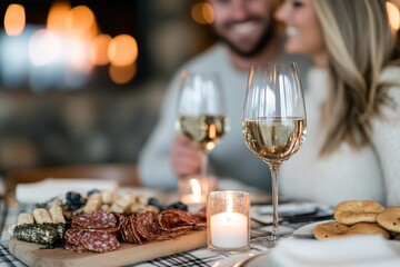 A cozy evening featuring a couple enjoying sparkling wine and a delicious spread of appetizers, perfect for a romantic dinner by the fireplace with a warm ambiance.