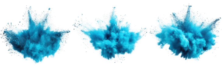 three bursts of vibrant blue powder. creating a dynamic and visually striking effect each explosion appears to be frozen in time. showcasing the texture and movement of the powder as it disperses this