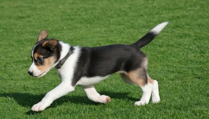 Playful Puppy Running on Green Grass