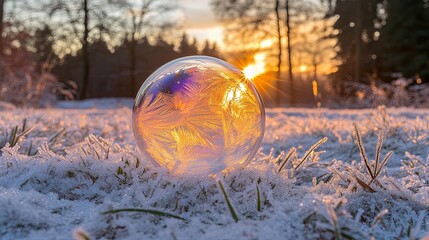 Beautiful frozen soap bubble resting on snow as sunset illuminates the winter landscape in the background. Generative AI