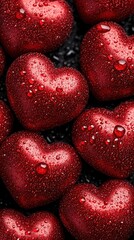 A stunning cluster of glistening red hearts, each adorned with droplets of water, radiates love and romance, perfect for celebrating Valentine's Day.