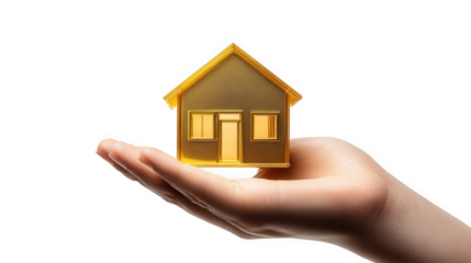 a hand holds a small. yellow model of a house. symbolizing home ownership and real estate themes of security. investment. and personal space