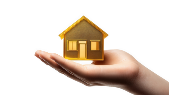 a hand holds a small. yellow model of a house. symbolizing home ownership and real estate themes of security. investment. and personal space