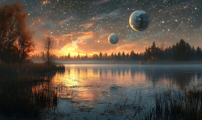 Serene autumn lake at sunset with two planets in the starry sky.