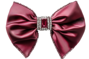 n elegant. burgundy satin bow adorned with a sparkling jewel at its center. designed for decorative purposes. possibly for fashion accessories or gift wrapping