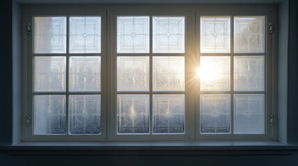 Winter Sunrise Through Frosty Window Pane