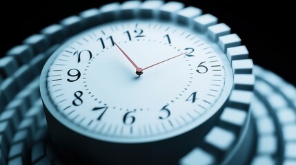 A modern clock features a white face and prominent black numbers, highlighting the time just before midnight. Its design includes a textured border and soft illumination