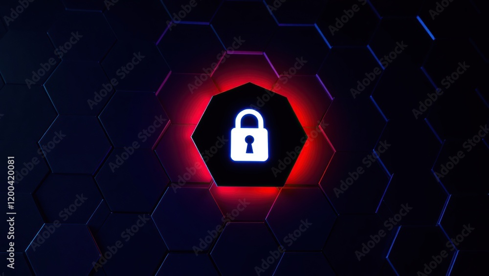 Poster illuminated padlock on hexagonal digital background