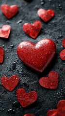 Obraz premium A sea of vibrant red hearts dances across a sleek black surface, creating a striking contrast that evokes love and passion for Valentine's Day.