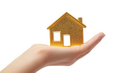 hand holding a glittery golden house model. symbolizing home ownership or real estate the shiny texture and bright color suggest a positive and aspirational theme related to housing and investment