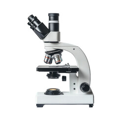 Fototapeta premium modern microscope designed for scientific examination. showcasing its lenses and stage it is positioned against a plain background. emphasizing its structure and functionality for research. education.