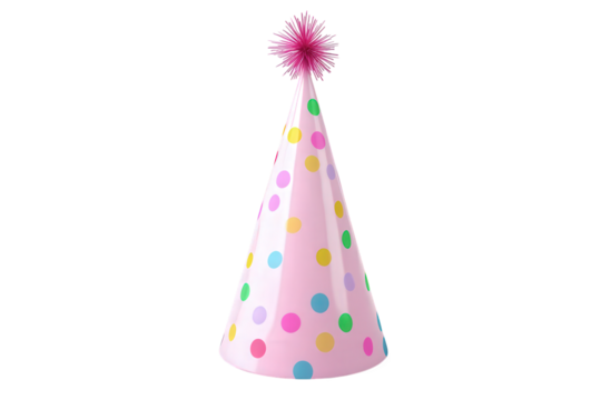 a colorful party hat with a pink base adorned with multicolored polka dots and a fluffy pink pom-pom on top. set against a light background with subtle patterns this hat symbolizes celebration and is