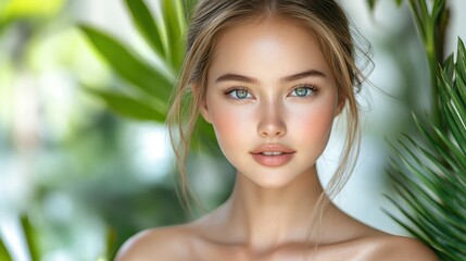 Fototapeta premium A young woman with flawless skin and light makeup poses gracefully amid vibrant green leaves, showcasing her natural beauty and serene expression in a tranquil setting