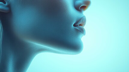 A woman is portrayed in profile, accentuating her facial features with a soft blue light. The atmosphere is tranquil, suggesting an artistic moment focused on beauty and expression
