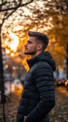 Fototapeta premium Handsome Man in Winter Jacket, Outdoors in Warm Sunlight