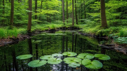 Obraz premium Serene forest pond, lush green trees, tranquil water lilies, peaceful nature scene, ideal for relaxation