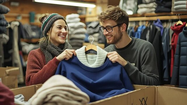 Two smiling individuals sorting through clothes in a cozy indoor space.